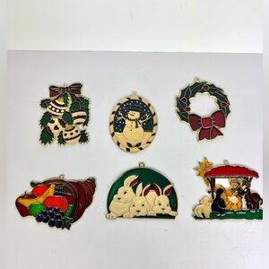 Vintage Holiday Faux Stained Glass Suncatches Ornaments 6 Pieces